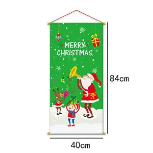 Close-up of green Christmas banner featuring Santa and reindeer with 84cm height dimensions