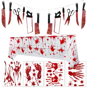 Set Decorazioni Horror Halloween Tovaglia Impronte Sangue Banner Armi Palloncini Adesivi Per Oggetti Scena Festa Casa Stregata