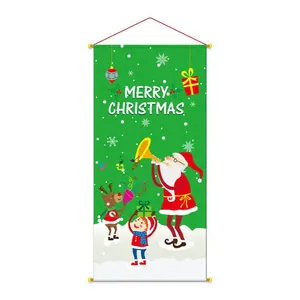 Vertical Christmas banner with Santa Claus and Reindeer for indoor holiday decoration