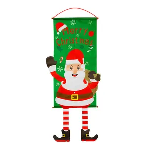 Vertical green Merry Christmas hanging banner featuring Santa Claus and striped long legs