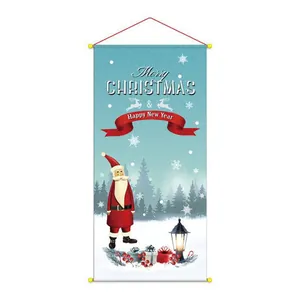 Vertical blue Christmas hanging banner featuring Santa Claus and vintage lanterns