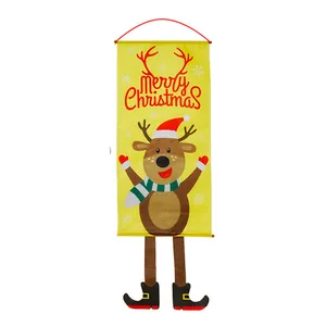Vertical Christmas reindeer banner with Merry Christmas text and long hanging legs