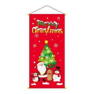 Detail of red Merry Christmas hanging banner with Santa, reindeer and snowman prints