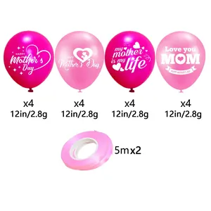 16pcs Mother's Day balloon set with pink latex heart balloons and decorative ribbons