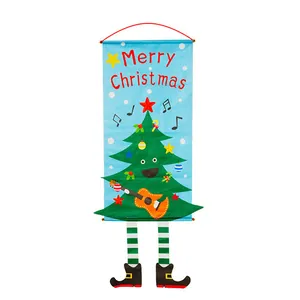 Merry Christmas hanging wall banner with a cute cartoon tree playing guitar for home decor