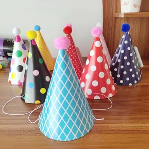 Mini Birthday Party Hats With Pom Poms Paper Cone Hats For Kids Birthday Decoration Polka Dot Grid Stripes DIY Party Supplies