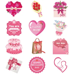 Close-up of 12 distinct pink Mother's Day swirl hanging ornaments and party decorations