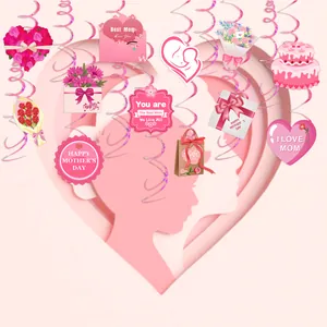Pink Mother's Day spiral ceiling decorations featuring hearts and cakes for party decor