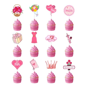 Set of 12 festive Mother's Day cupcake toppers with pink floral and heart designs