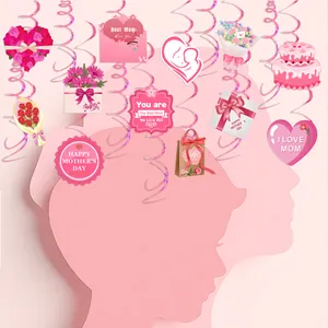 Pink Mother's Day party hanging swirls featuring heart, flower, and gift card designs