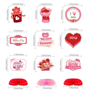 Detailed dimensions of Mother's Day honeycomb centerpieces with floral and heart designs