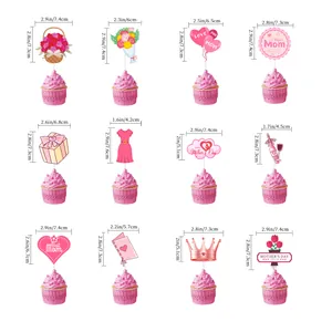 Set of 12 Mother’s Day cupcake toppers with pink hearts, flowers, and crown designs