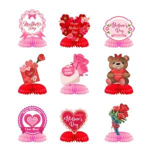 9-piece Mother's Day honeycomb centerpieces featuring floral hearts and teddy bear designs