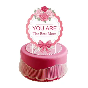 Pink Mother's Day cake topper with flowers and YOU ARE THE BEST MOM greeting text