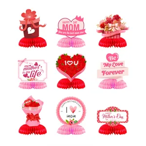 9-piece Mother's Day honeycomb centerpieces featuring pink floral and heart designs