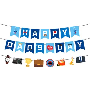 Blue Paper Father's Day Happy Dad's Day Banner Garland With Tie Mustache Trophy Icon Design For Party Home Celebration