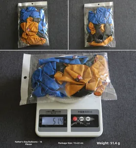 Father's Day balloon set in packaging showing 16 latex pieces and weight detail