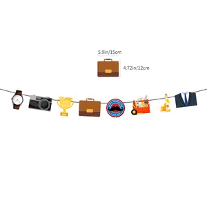 Father's Day party banner with vintage camera, watch, and beer mug decorations