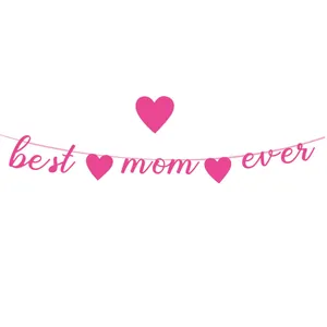 Pink Mother's Day Best Mom Ever banner with heart shapes for party decoration