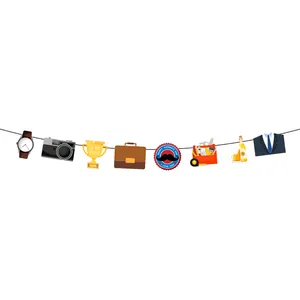 Father's Day banner featuring flat vector icons like watch, camera, and trophy on white