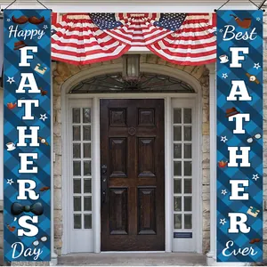 Father's Day Porch Banner Set Polyester Plaid Mustache Bow Tie Decorative Hanging Flag For Father Party Home Outdoor Decor