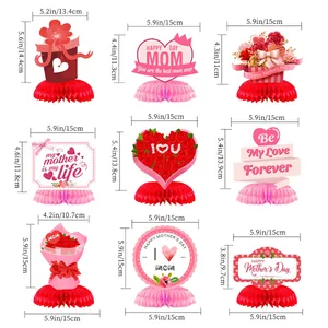 9-piece Mother's Day honeycomb centerpieces with floral and heart designs in pink and red