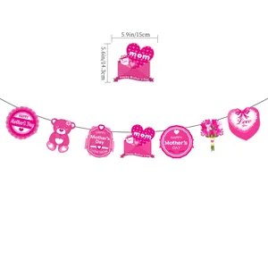 Close-up of pink Mother's Day banner pendants with heart and bear shapes, 5.9x5.6 inch size
