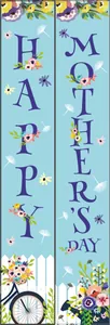 Detail of floral Happy Mother's Day door banner set with garden party themed illustrations