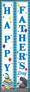 Detailed view of Happy Father's Day door banners with top hats and briefcase motifs