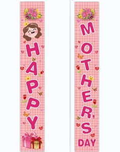 Vertical Happy Mother's Day door banners with pink plaid, floral patterns, and butterflies