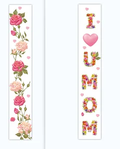 Vertical floral banner detail with pink roses and I Love You Mom flower lettering decor