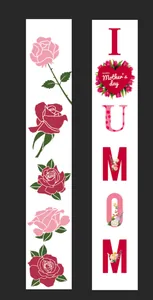 Close-up of floral Mother's Day banners with red roses and I Love Mom vertical typography