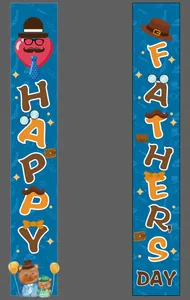 Detailed view of dark blue Father's Day banners with cartoon bear and tie graphics