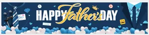 Detail of Happy Father's Day banner featuring suits, ties, and hearts on a blue background