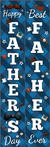 Close-up of Father's Day blue checkered porch banners featuring festive party illustrations