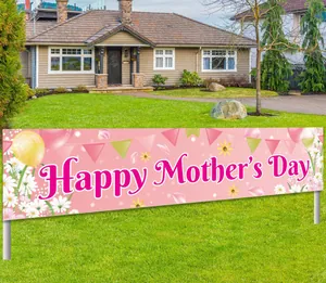 Pink Mother's Day outdoor banner with Happy Mother's Day text on residential lawn