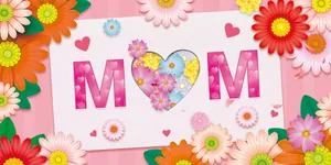 Detailopname van getextureerde kaart met hartvormige uitsnede en kleurrijk bloemen MOM-ontwerp