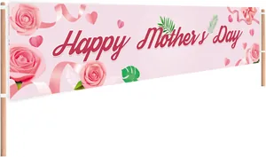 Detail of Happy Mother's Day banner with pink roses, ribbons and wooden support poles