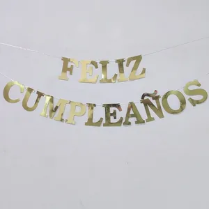 Banderole espagnole Feliz Cumpleaños dorée effet miroir pour décoration d'anniversaire