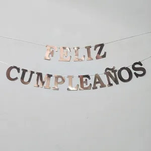 Bannière Feliz Cumpleaños or rose pour décoration de fête d'anniversaire espagnole