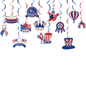 Independence Day hanging swirl decorations with US flags and patriotic gnome ornaments