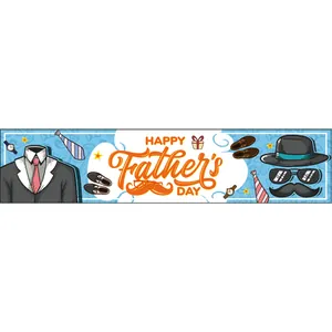 Father's Day banner featuring blue background with tie, watch, and suit icons