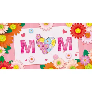 Roze Moederdag banner met MOM tekst en kleurrijke bloemenhart decoratie ontwerp