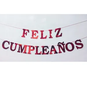 Banderole Feliz Cumpleaños rouge métallisé pour décoration de fête d'anniversaire