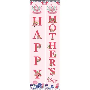 Pink Happy Mother's Day door banners with colorful floral patterns and love you ribbons