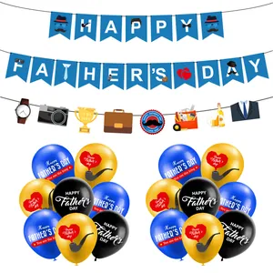 Happy Fathers Day Party Decoration Banner Garland Latex Balloons Blue Gold Black Paper Decorations For Dad Birthday Celebration