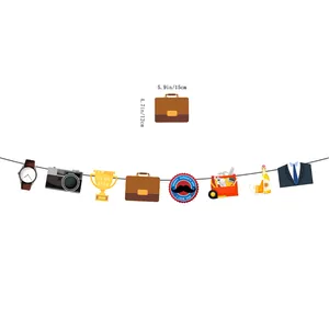 Kit de bannière fête des pères avec icônes de mallette, trophée et outils sur fond blanc