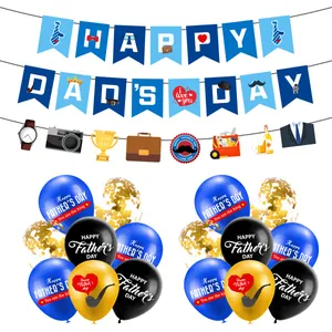 Happy Father's Day Party Decoration Banner And Latex Balloon Set Blue Paper Bunting Sequin Balloons For Dad Holiday Decor