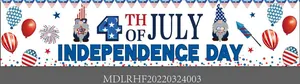 Macro detail of July 4th Independence Day banner with cartoon gnomes and festive fireworks