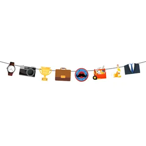 Father's Day party banner with trophy and tools illustrations on a white background